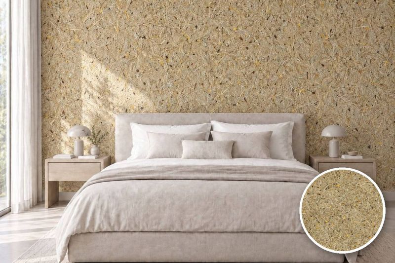 Anwendungsbeispiel mit Coverstyl Möbelfolie Iris – botanisches Dekor Iris, rechts unten die Oberfläche im Detail