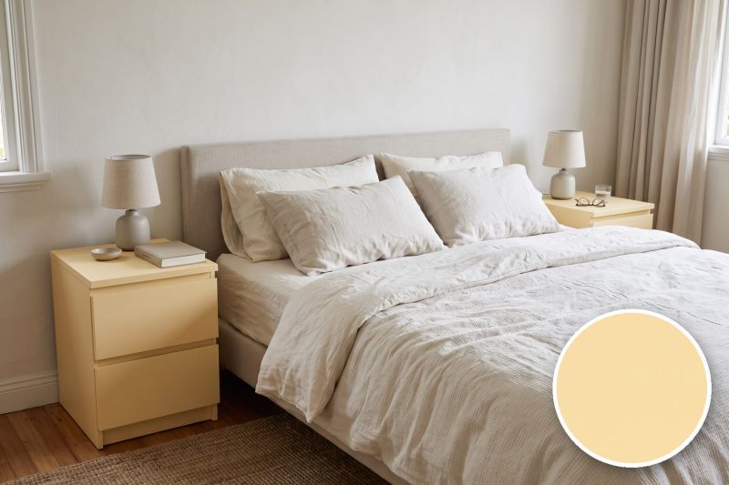 Anwendungsbeispiel mit Coverstyl Möbelfolie Pale Canary – Uni hellelfenbein, rechts unten die Oberfläche im Detail