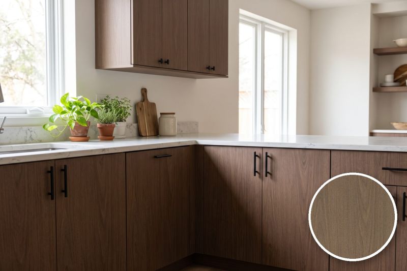 Anwendungsbeispiel mit Coverstyl Möbelfolie Brown Walnut – Nussbaum dunkel, rechts unten die Oberfläche im Detail