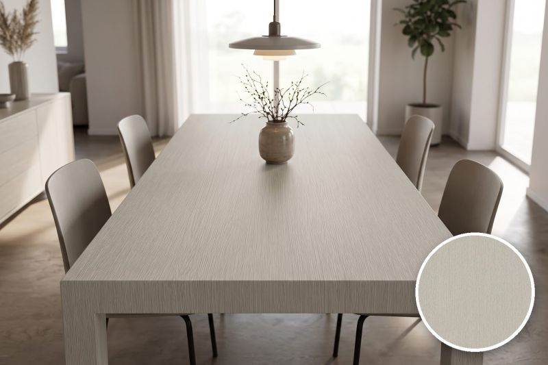 Anwendungsbeispiel mit Coverstyl Möbelfolie Ashen Oak – Eiche hell, rechts unten die Oberfläche im Detail