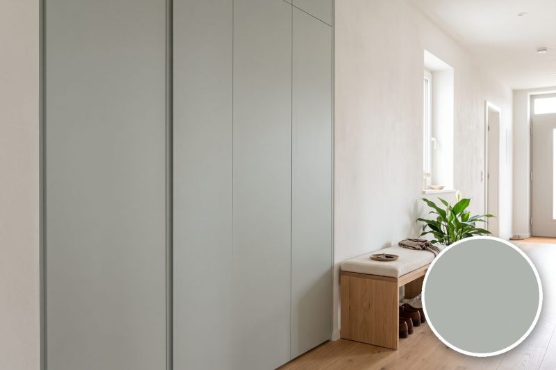 Anwendungsbeispiel mit Coverstyl Möbelfolie Haze – Uni achatgrau, rechts unten die Oberfläche im Detail