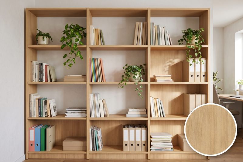 Anwendungsbeispiel mit Coverstyl Möbelfolie Glow Oak – Eiche hell, rechts unten die Oberfläche im Detail