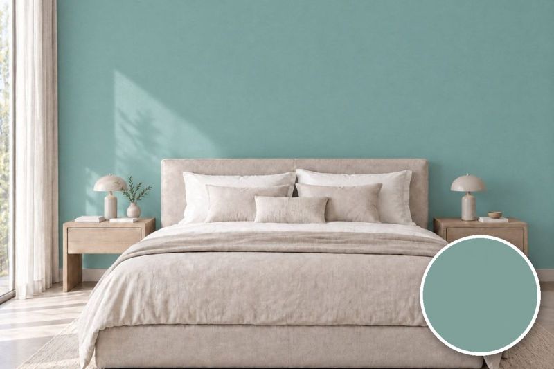 Anwendungsbeispiel mit Coverstyl Möbelfolie Celadon – Uni seladongrün, rechts unten die Oberfläche im Detail