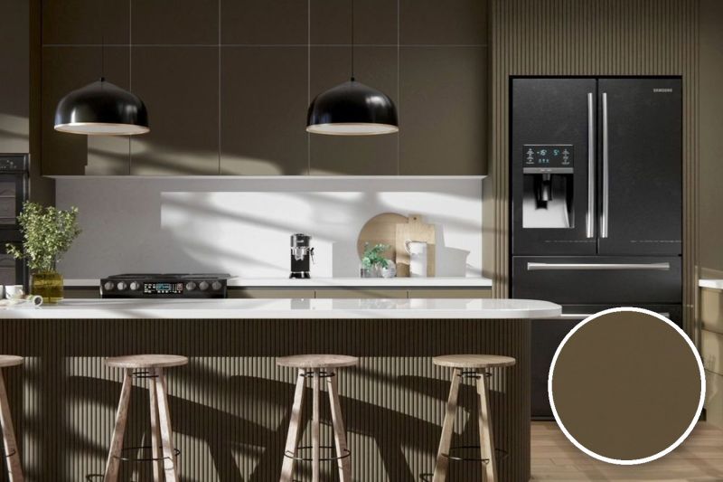 Anwendungsbeispiel mit Coverstyl Möbelfolie Chocolate – Uni kakaobraun, rechts unten die Oberfläche im Detail