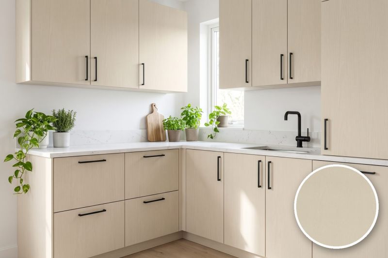 Anwendungsbeispiel mit Coverstyl Möbelfolie Creamy – Holzoptik creme, rechts unten die Oberfläche im Detail