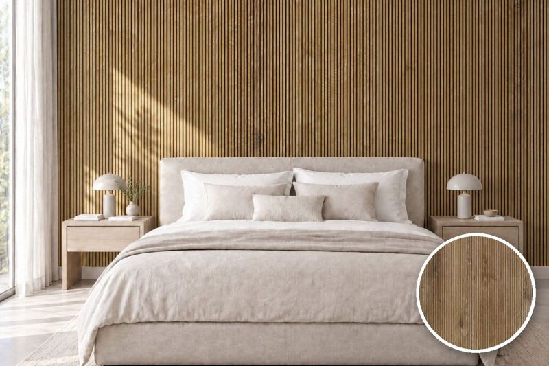 Anwendungsbeispiel mit Coverstyl Möbelfolie Slim Gold – Holz-Linienoptik gold, rechts unten die Oberfläche im Detail