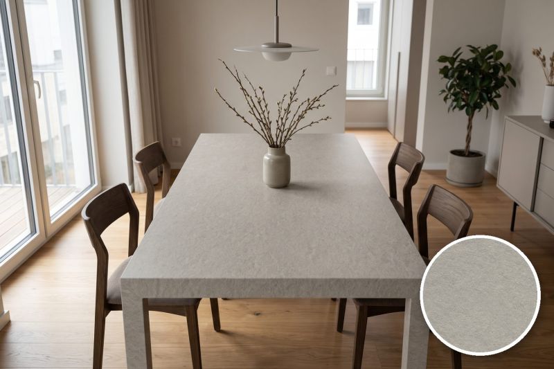 Anwendungsbeispiel mit Coverstyl Möbelfolie Granite Gray – Granit grau, rechts unten die Oberfläche im Detail