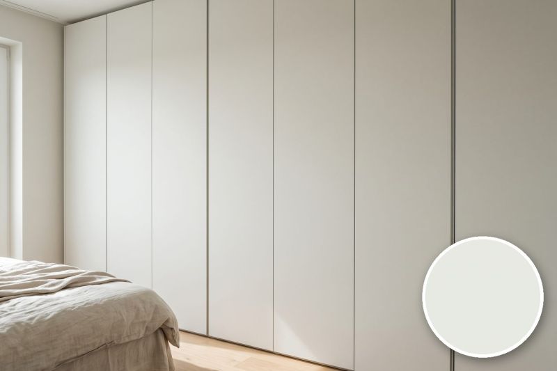 Anwendungsbeispiel mit Coverstyl Möbelfolie Shell – Uni grauweiß, rechts unten die Oberfläche im Detail