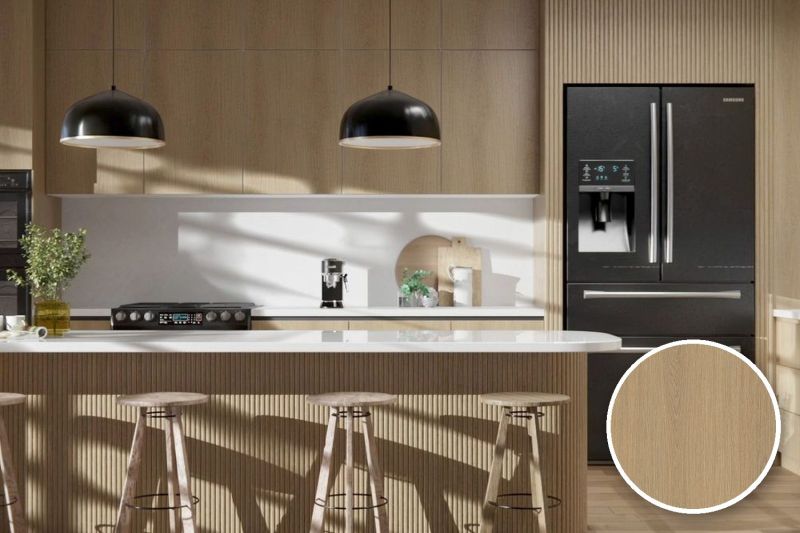Anwendungsbeispiel mit Coverstyl Möbelfolie Jute Oak – Eiche mittel, rechts unten die Oberfläche im Detail