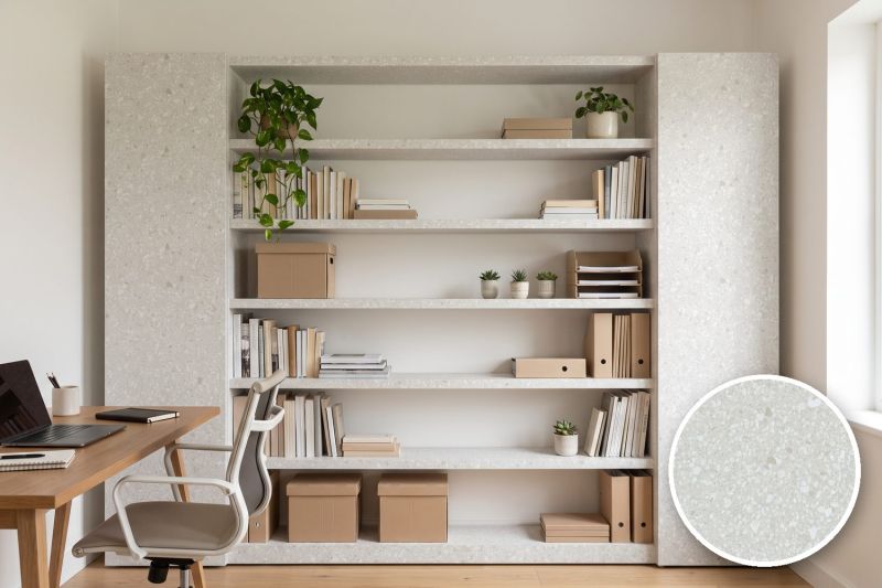Anwendungsbeispiel mit Coverstyl Möbelfolie Mixed White – Terrazzo weiß, rechts unten die Oberfläche im Detail