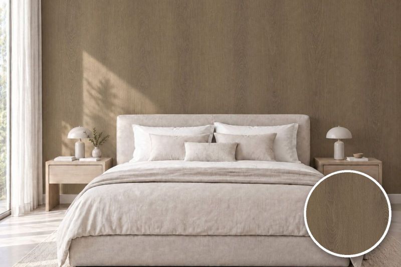 Anwendungsbeispiel mit Coverstyl Möbelfolie Earth Oak – Eiche dunkel, rechts unten die Oberfläche im Detail