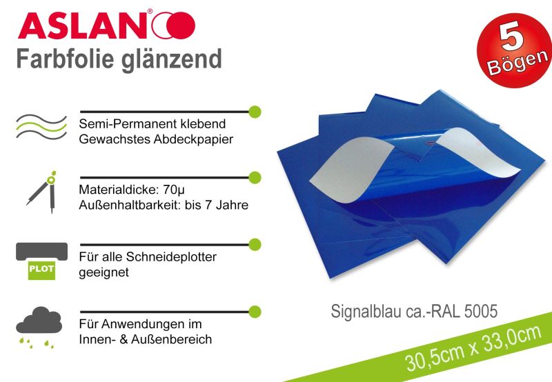 ASLAN Hobby-Plotterfolie Signalblau glänzend 5er-Set