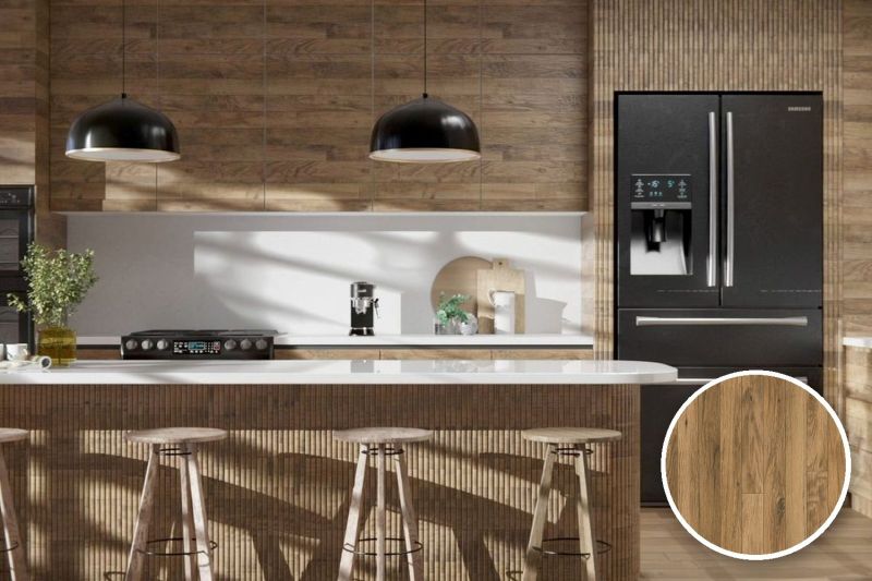 Anwendungsbeispiel mit Coverstyl Möbelfolie Hardwood Panel – Holz in Linienoptik, rechts unten die Oberfläche im Detail
