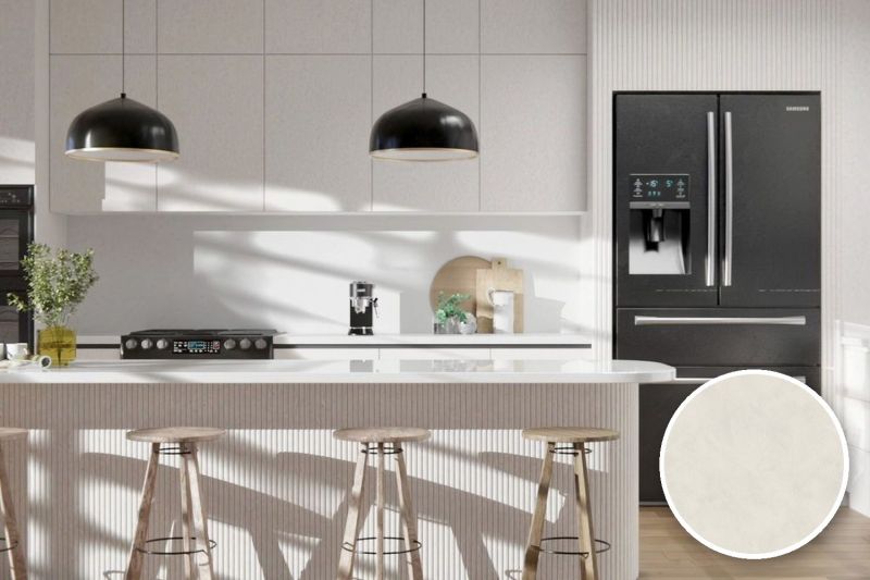 Anwendungsbeispiel mit Coverstyl Möbelfolie Moon White – Beton weiß, rechts unten die Oberfläche im Detail