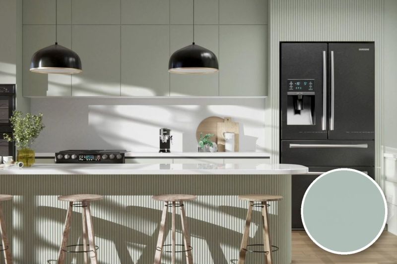Anwendungsbeispiel mit Coverstyl Möbelfolie Sea Salt – Uni lichtgrau, rechts unten die Oberfläche im Detail