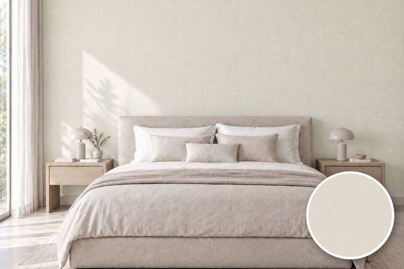 Anwendungsbeispiel mit Coverstyl Möbelfolie Lino Ecru – Leinenoptik ecru, rechts unten die Oberfläche im Detail