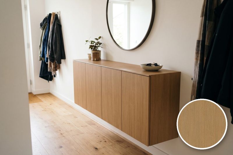Anwendungsbeispiel mit Coverstyl Möbelfolie Red Oak – Roteiche mittel, rechts unten die Oberfläche im Detail