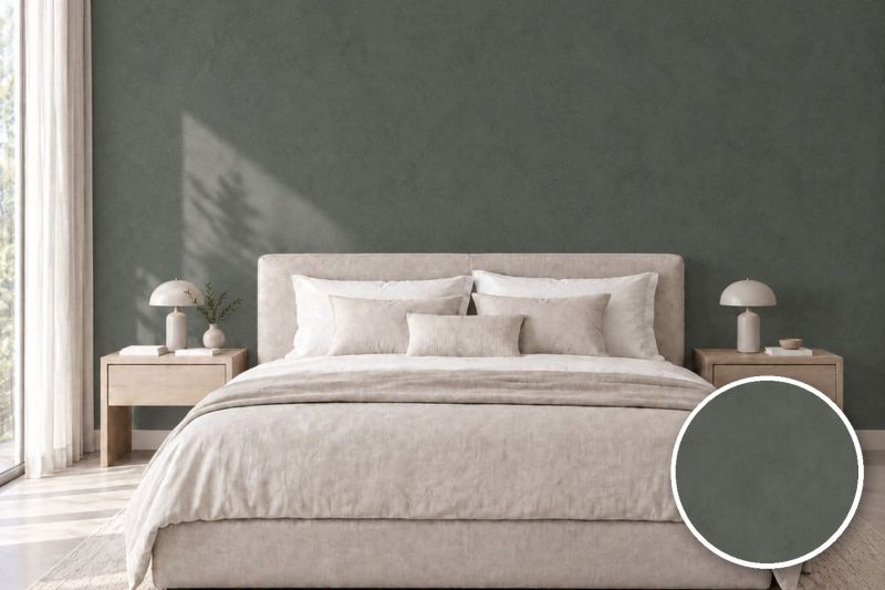 Anwendungsbeispiel mit Coverstyl Möbelfolie Microcement Dark – Mikrozement dunkel, rechts unten die Oberfläche im Detail