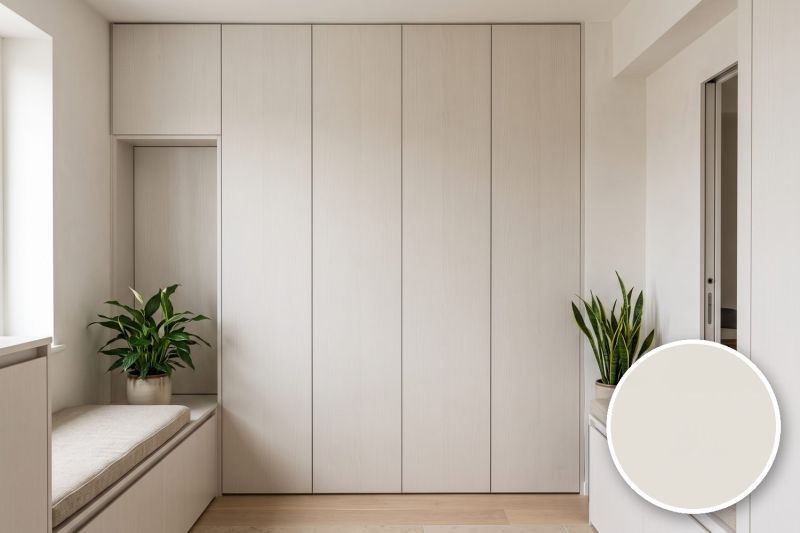 Anwendungsbeispiel mit Coverstyl Möbelfolie Ecru – Holzoptik ecru, rechts unten die Oberfläche im Detail