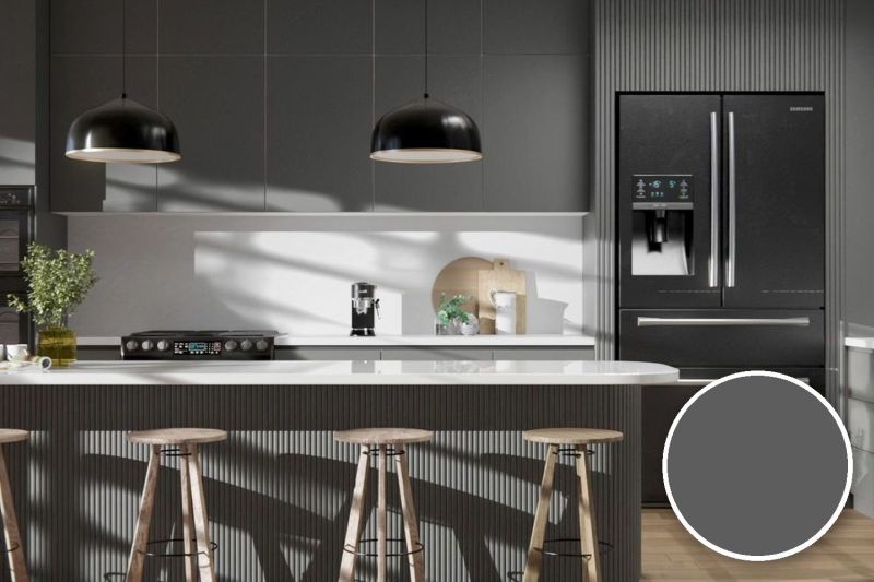 Anwendungsbeispiel mit Coverstyl Möbelfolie Anchor – Uni staubgrau, rechts unten die Oberfläche im Detail