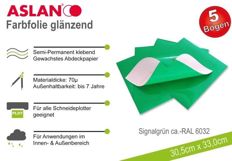 ASLAN Hobby-Plotterfolie Signalgrün glänzend 5er-Set