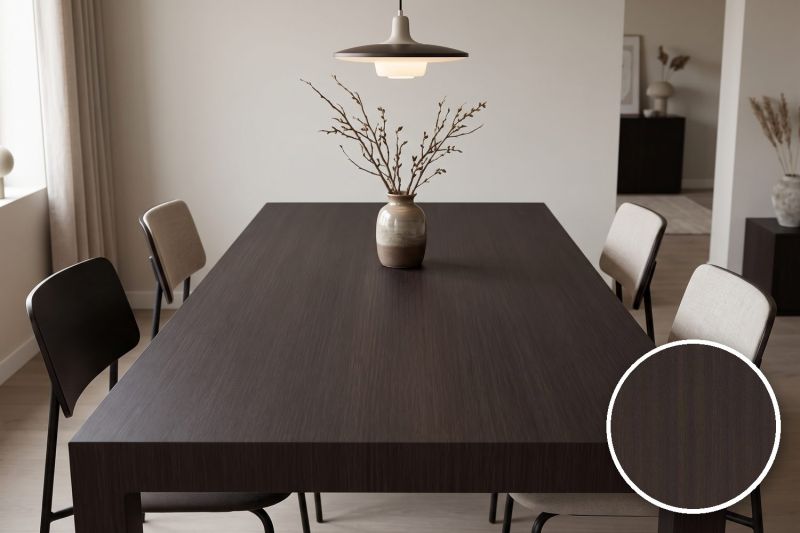 Anwendungsbeispiel mit Coverstyl Möbelfolie Brown Wenge – Wenge dunkel, rechts unten die Oberfläche im Detail
