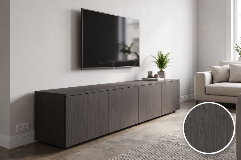 Anwendungsbeispiel mit Coverstyl Möbelfolie Metropolis Oak – Eiche dunkel, rechts unten die Oberfläche im Detail
