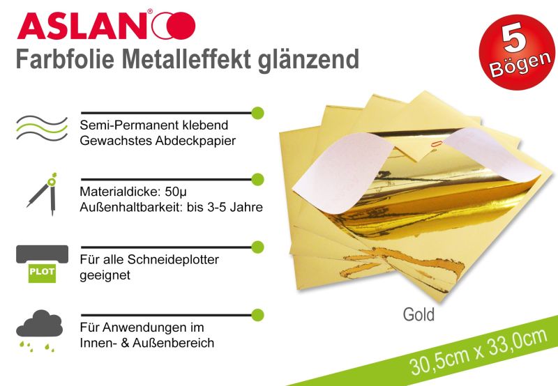 ASLAN Hobby-Plotterfolie Metalleffekt-Gold-glänzend 5er-Set