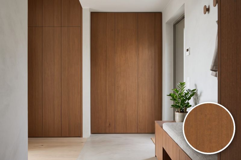 Anwendungsbeispiel mit Coverstyl Möbelfolie Turmeric Oak – Eiche mittel, rechts unten die Oberfläche im Detail