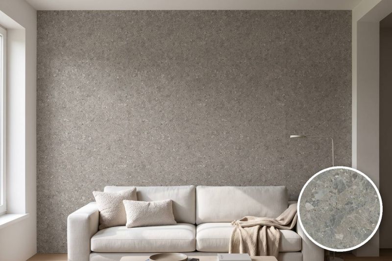 Anwendungsbeispiel mit Coverstyl Möbelfolie Lombardia Gris – Terrazzo grau, rechts unten die Oberfläche im Detail