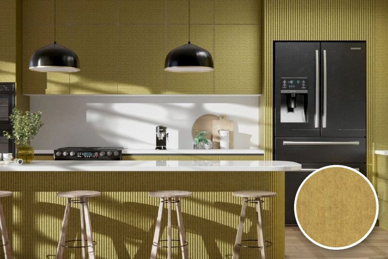 Anwendungsbeispiel mit Coverstyl Möbelfolie Gold Mesh – Metall-Gitteroptik gold, rechts unten die Oberfläche im Detail