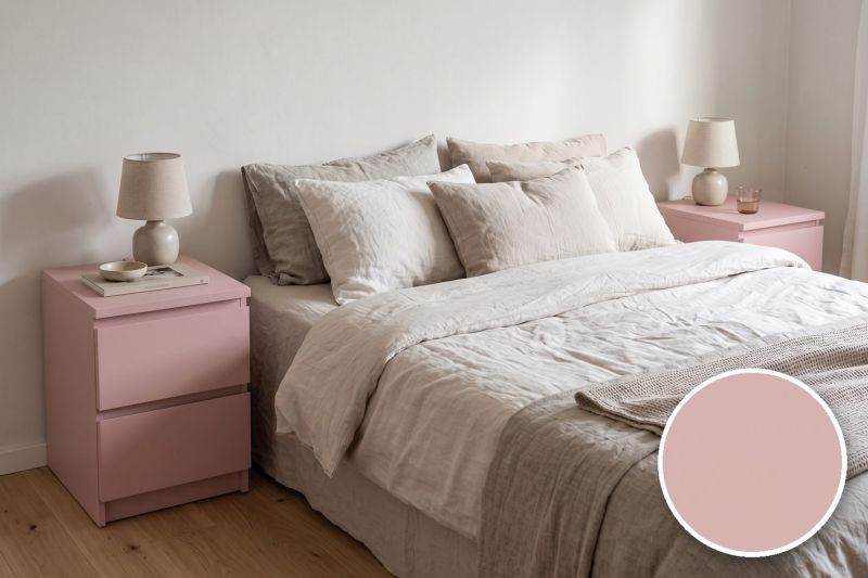 Anwendungsbeispiel mit Coverstyl Möbelfolie Dusty Rose – Uni altrosa, rechts unten die Oberfläche im Detail
