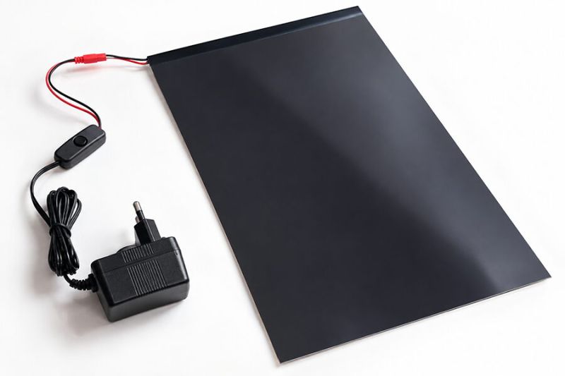 Testmuster elektrisch schaltbare Folie schwarz mit Trafo