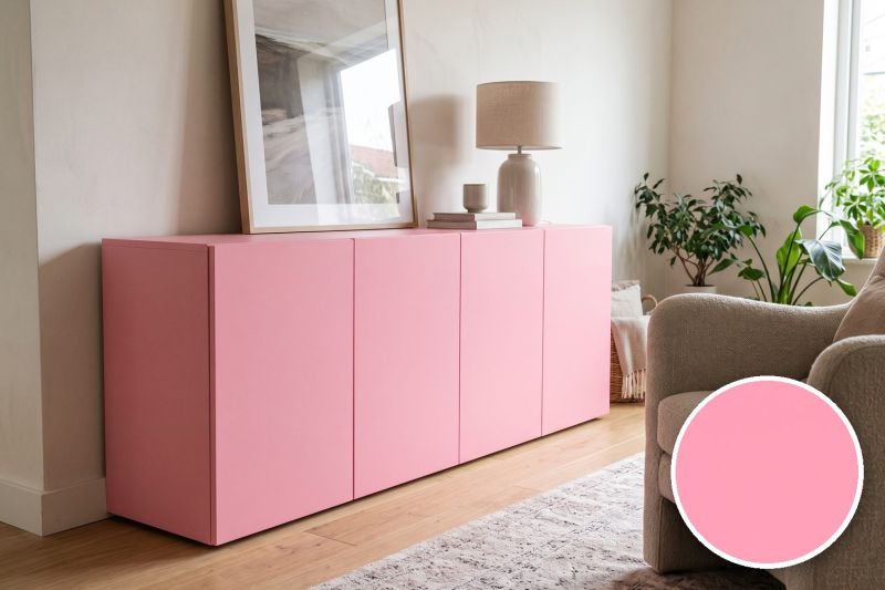Anwendungsbeispiel mit Coverstyl Möbelfolie Pink Flamingo – Uni hellrosa, rechts unten die Oberfläche im Detail