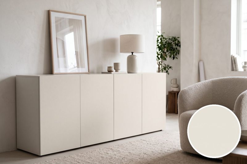 Anwendungsbeispiel mit Coverstyl Möbelfolie Ivory Glow – Beton elfenbein, rechts unten die Oberfläche im Detail