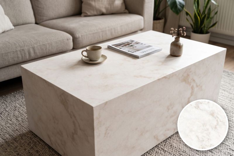 Anwendungsbeispiel mit Coverstyl Möbelfolie Opal Beige – Marmor beige, rechts unten die Oberfläche im Detail