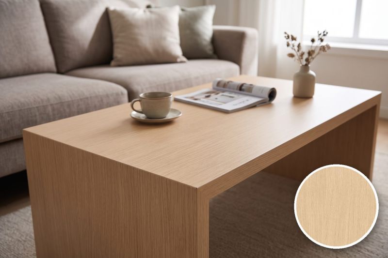 Anwendungsbeispiel mit Coverstyl Möbelfolie Sand Cherry – Kirsche hell, rechts unten die Oberfläche im Detail