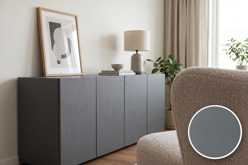 Anwendungsbeispiel mit Coverstyl Möbelfolie Ash – Lederoptik aschgrau, rechts unten die Oberfläche im Detail