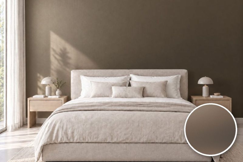 Anwendungsbeispiel mit Coverstyl Möbelfolie Suede Brown – Wildleder-Metalloptik Braun, rechts unten die Oberfläche im Detail