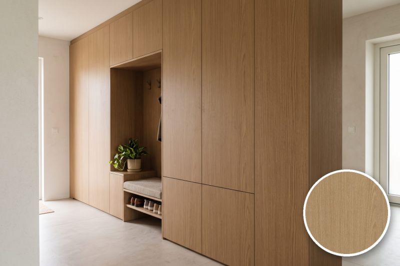 Anwendungsbeispiel mit Coverstyl Möbelfolie Sandstone Oak – Eiche mittel, rechts unten die Oberfläche im Detail