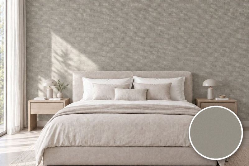 Anwendungsbeispiel mit Coverstyl Möbelfolie Canvas Brown – Canvas-Optik braun, rechts unten die Oberfläche im Detail