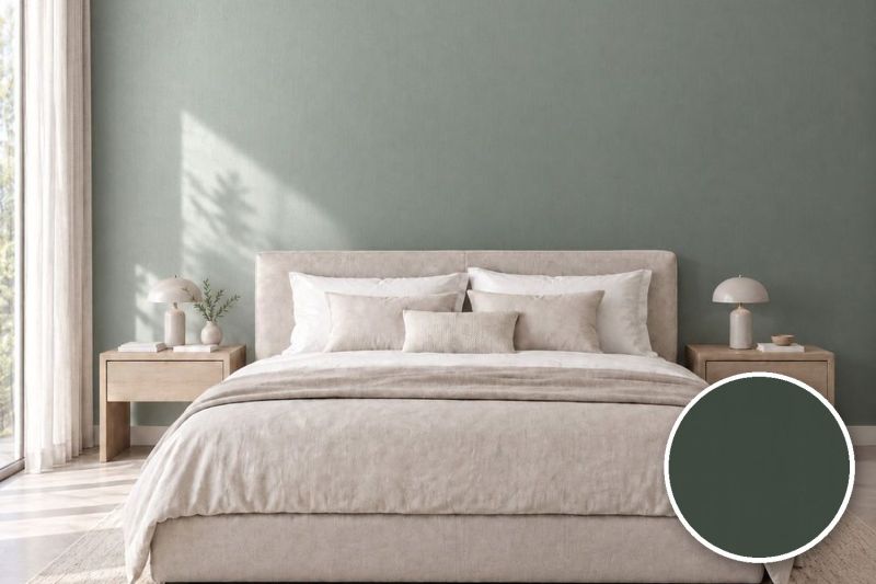 Anwendungsbeispiel mit Coverstyl Möbelfolie Suede Green – Wildleder-Metalloptik Grün, rechts unten die Oberfläche im Detail