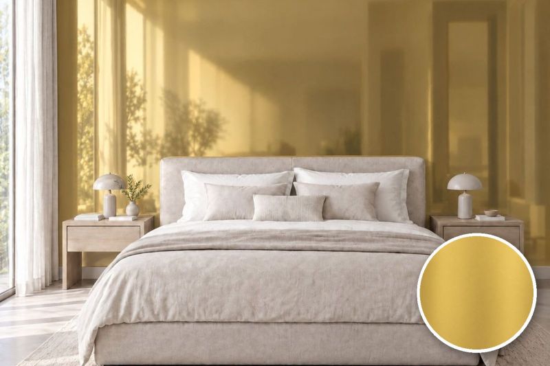 Anwendungsbeispiel mit Coverstyl Möbelfolie Mirror Gold – Spiegeloptik Gold, rechts unten die Oberfläche im Detail