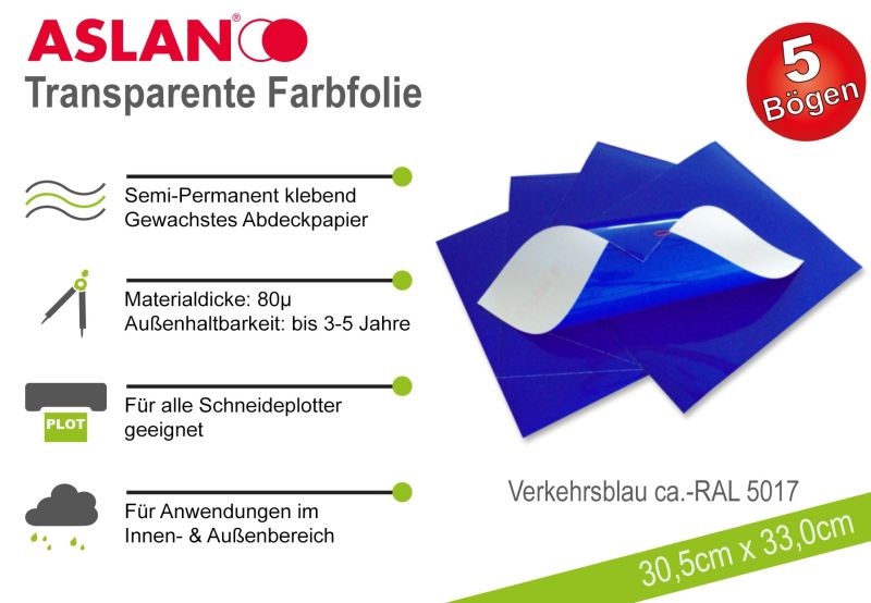 ASLAN Hobby-Plotterfolie Verkehrsblau transparent 5er-Set