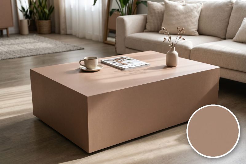 Anwendungsbeispiel mit Coverstyl Möbelfolie Baked Clay – Beton terrakotta, rechts unten die Oberfläche im Detail