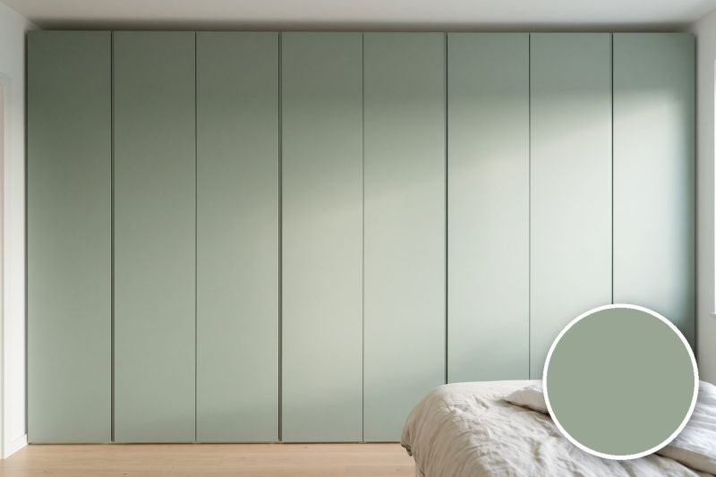 Anwendungsbeispiel mit Coverstyl Möbelfolie Eucalyptus – Uni silbergrau, rechts unten die Oberfläche im Detail