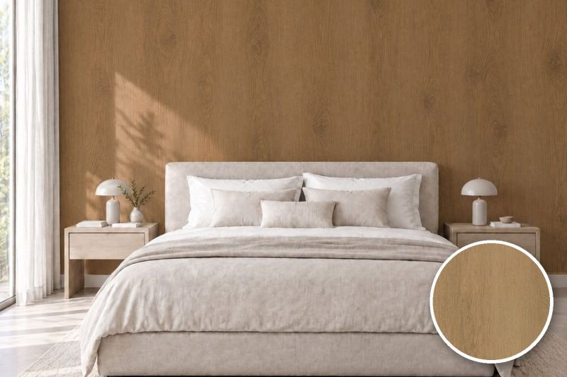 Anwendungsbeispiel mit Coverstyl Möbelfolie Terra Oak – Eiche mittel, rechts unten die Oberfläche im Detail