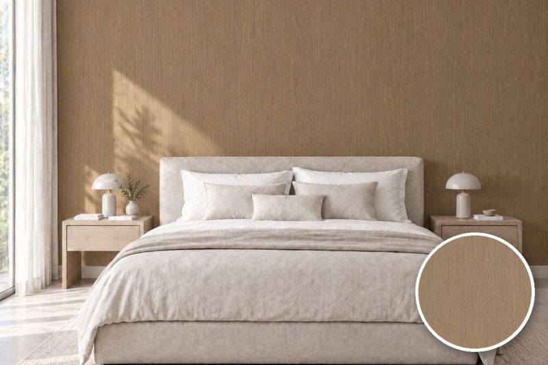 Anwendungsbeispiel mit Coverstyl Möbelfolie Silt Oak – Eiche mittel, rechts unten die Oberfläche im Detail