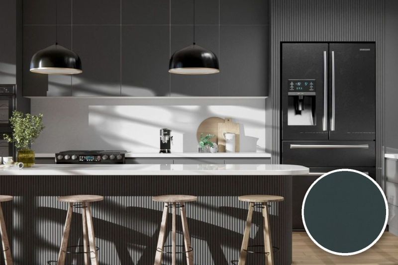 Anwendungsbeispiel mit Coverstyl Möbelfolie Onyx – Uni dunkelgrau, rechts unten die Oberfläche im Detail