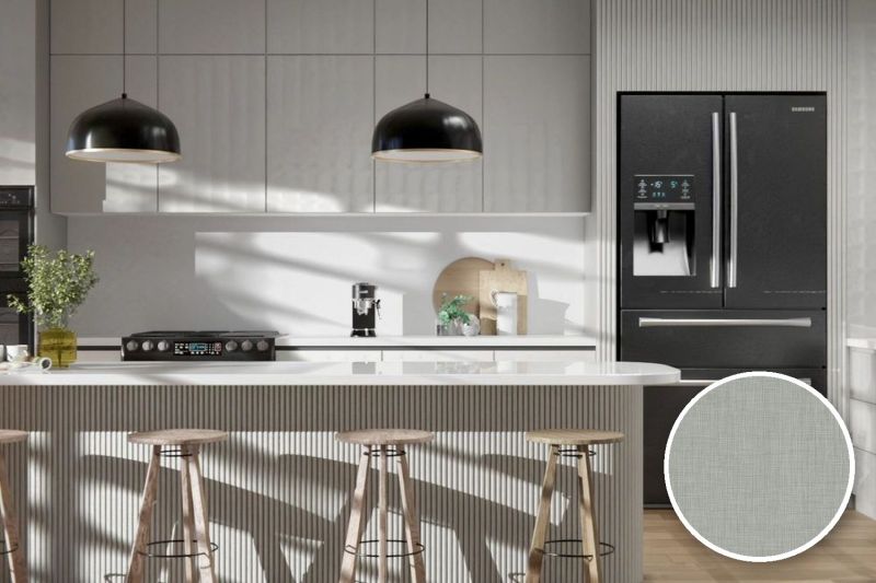 Anwendungsbeispiel mit Coverstyl Möbelfolie Linen Natural – Leinenoptik natur, rechts unten die Oberfläche im Detail